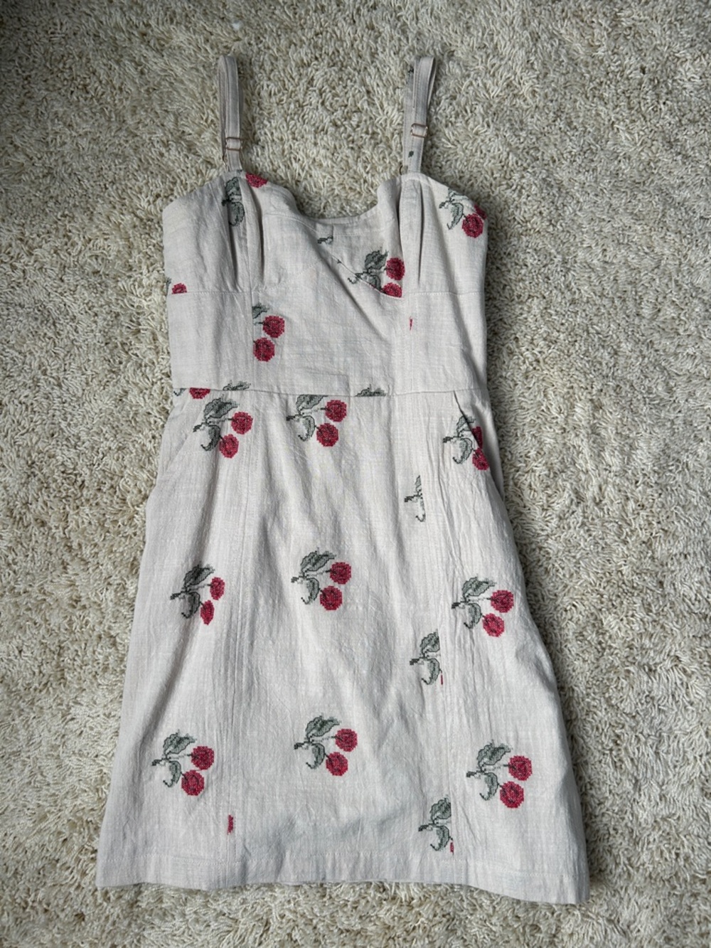 Urban Outfitters Tan dress with red cherry embroidery  Size XS